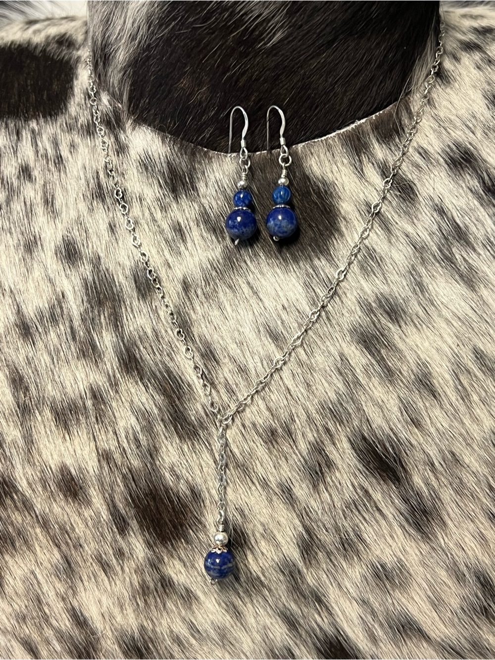 Sterling Silver Blue Bead Lapis Necklace & Earrings Set